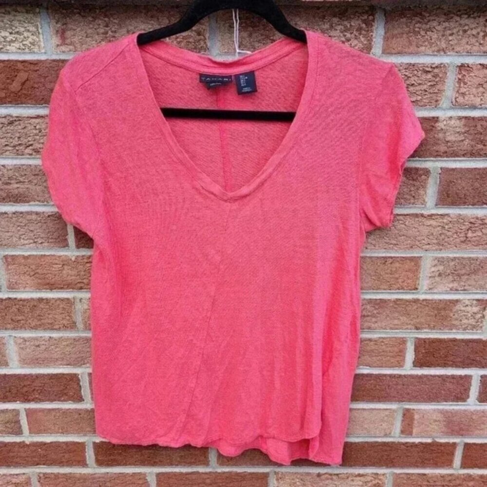 Tahari Linen Shirt Women's Size Large Hot Pink Short Sleeve Boho